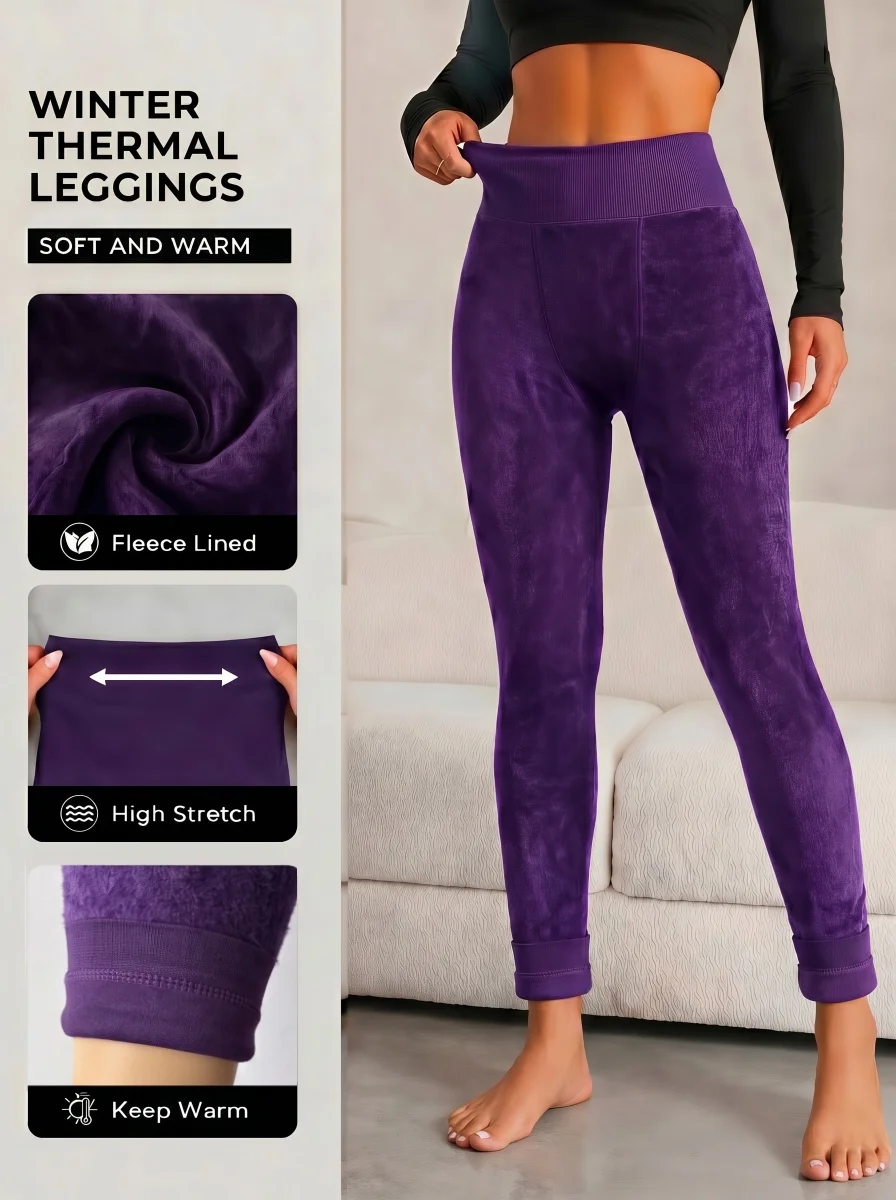 1er-Pack Lila Hochgeschnittene Fleece-Gefütterte Thermo-Leggings Weiche Dehnbare Warme Slim-Hosen für Kaltes Wetter Outdoor – Detail 2