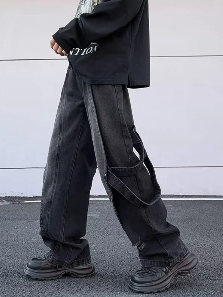 

Denim Pants Black Dark Blue Male Trousers Fashion Patchwork Baggy Straight Jeans Men Vintage High Street Personality Streetwear