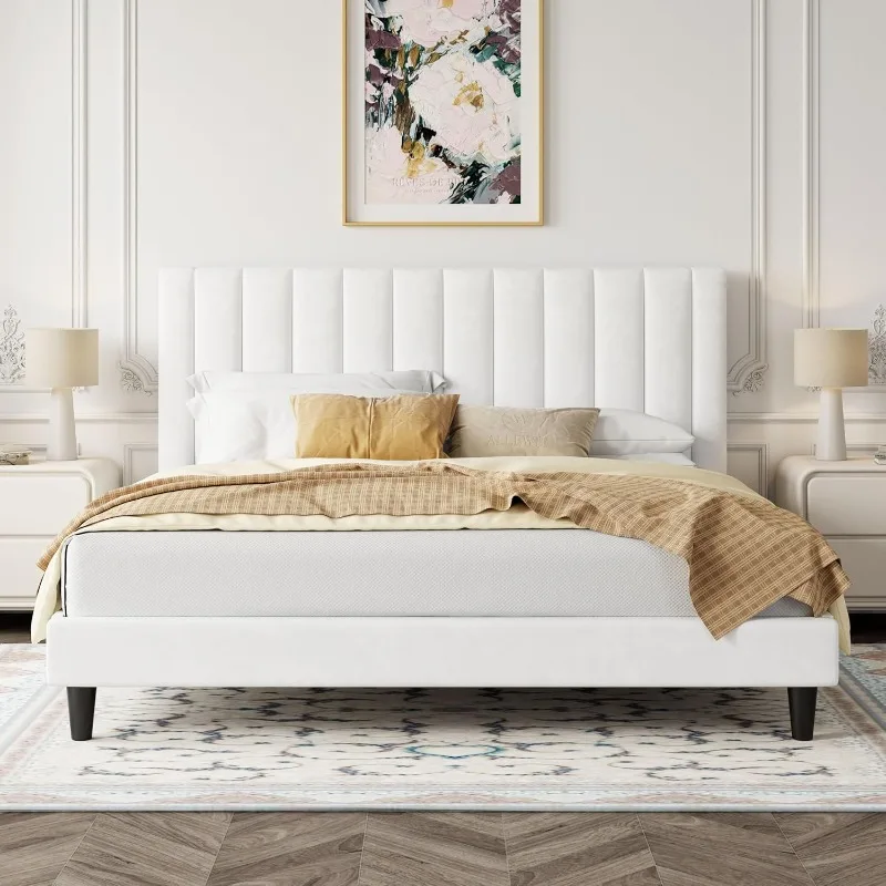 

Velvet Upholstered Bed Frame with Vertical Channel Tufted Headboard/Strong Wooden Slats/Platform Frame/Mattress Foundation