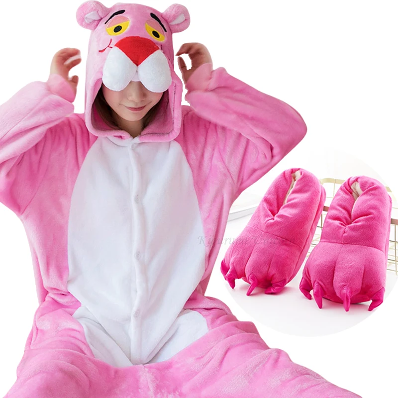 Różowy lampart Kigurumi jednorożec zestawy piżam flanelowa piżama w kształcie zwierzątka damska zimowa koszula nocna bielizna nocna Homewear przebranie na karnawał