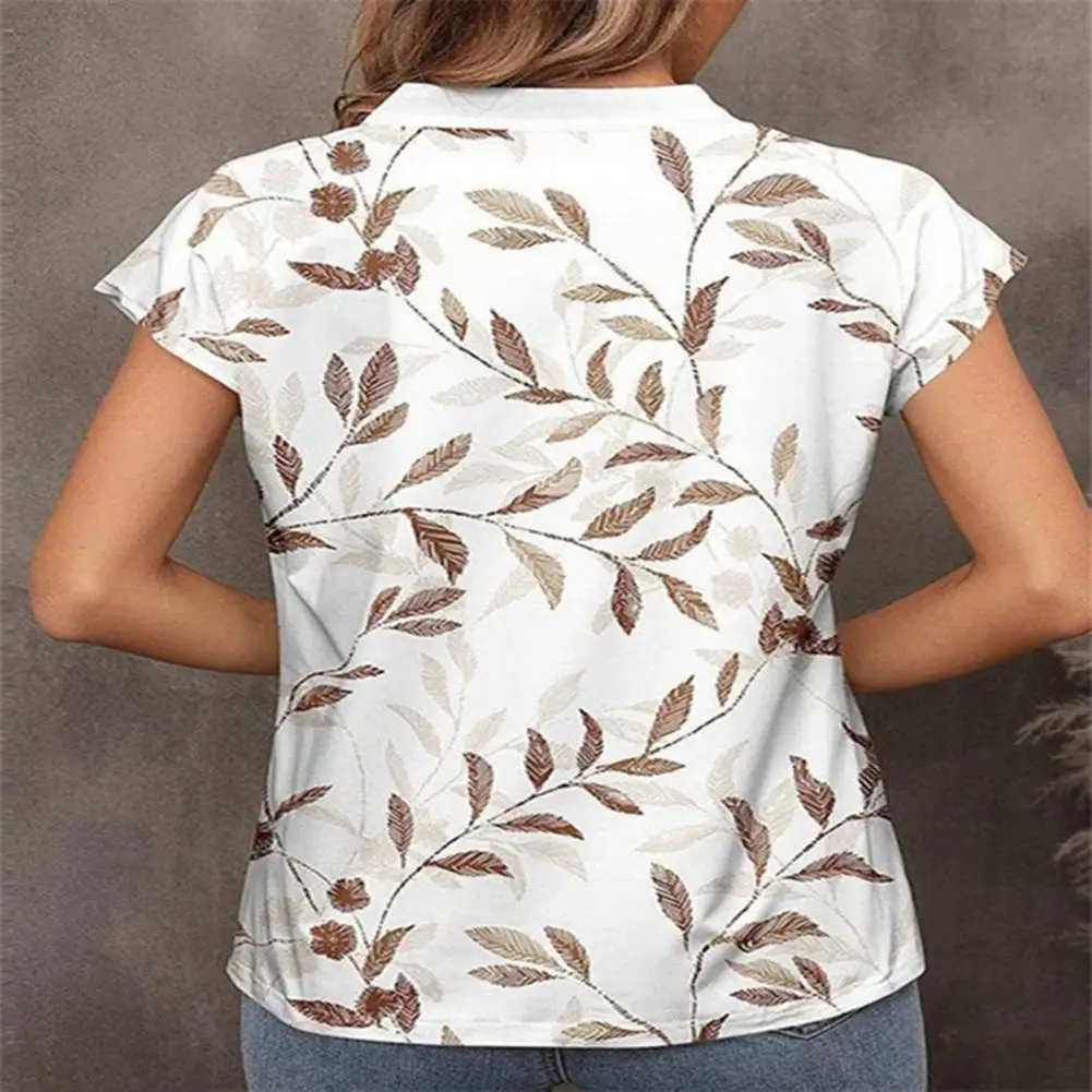 Women T-shirt Stylish Leaf Print V Neck Summer Top for Women Breathable Loose Fit T-shirt with Short Sleeves Stand Collar Women