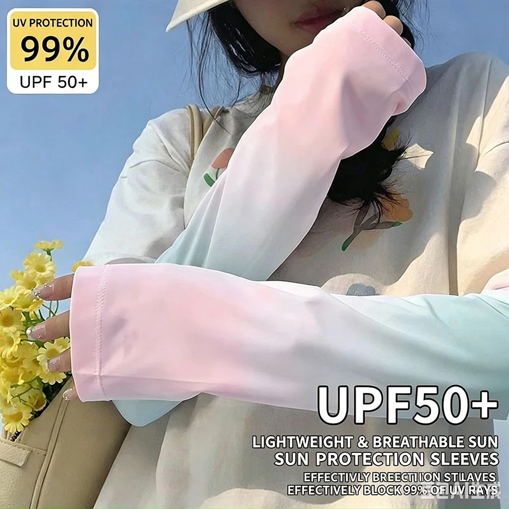 Summer UV Sun Protection Loose Hand New Womens Gradient Ice Silk Arm Sleeves Outdoor Covers Sleeves Anti-UV Cooling Arm Sleeves
