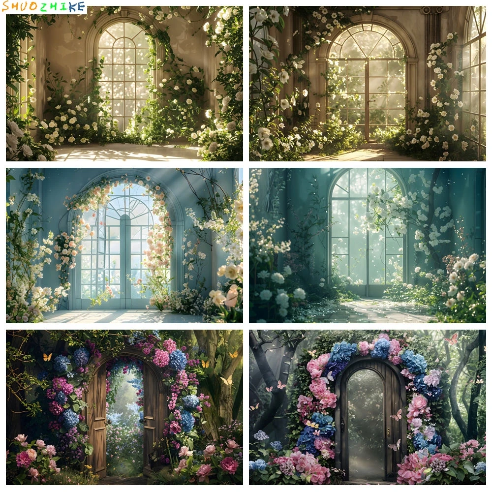 

Flower Photography Backdrop Floral Mural Arch Window Girl Adult Art Portrait Birthday Party Wedding Background Photo Studio Prop