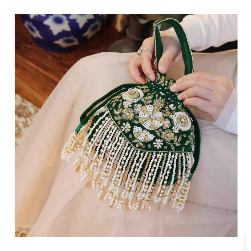 Velvet India Heavy Industry Nail Pearl Bag Gentle Women's Flavor Handbag Retro New Chinese Style Bag
