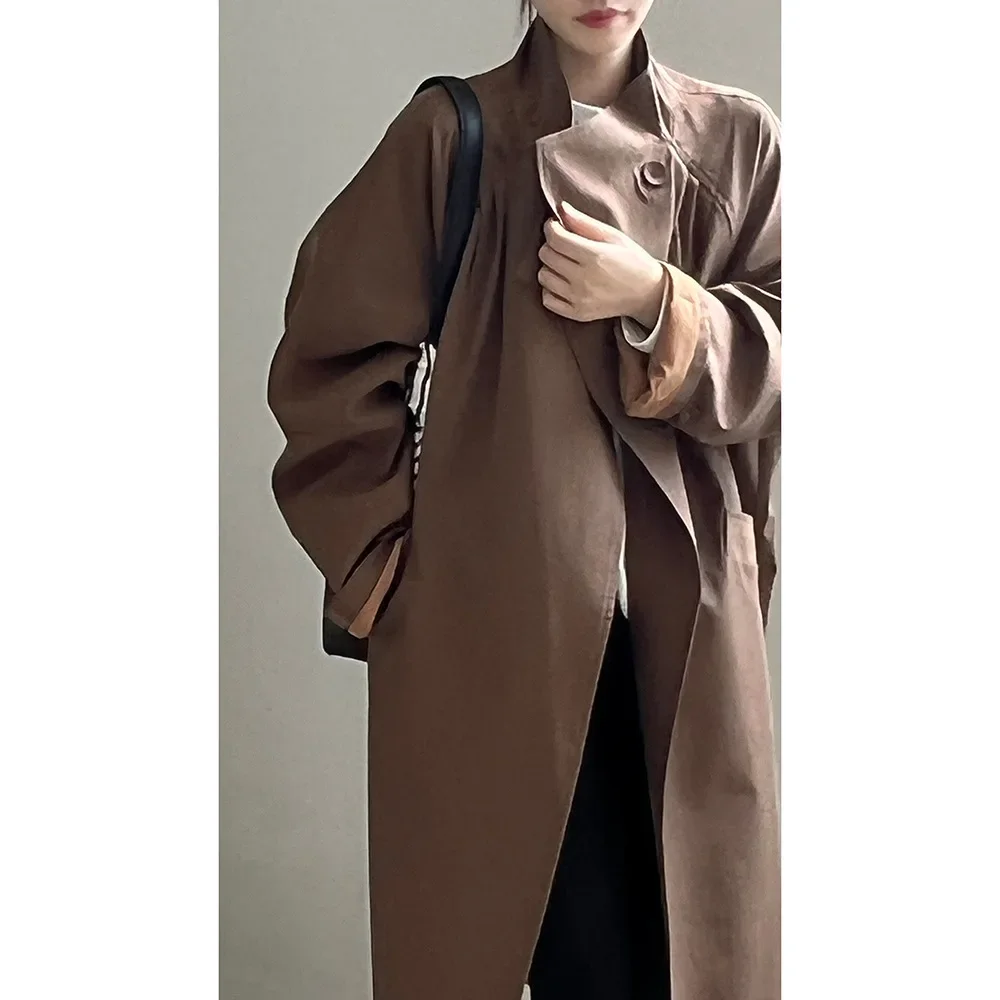 Retro Lapel One Button Mid-Length Coat 2024 Autumn New Loose Windbreaker Jacket