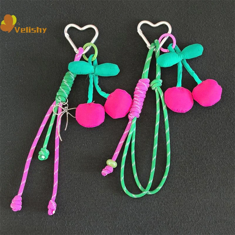 نسيج الكرز انفصال على شكل قلب مطرز المفاتيح سلسلة الهاتف المحمول مكافحة فقدان الحبل