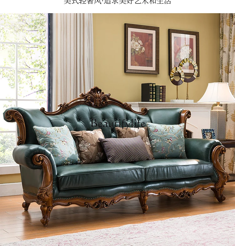 -*American all-solid wood leather sofa European light luxury villa large luxury living room