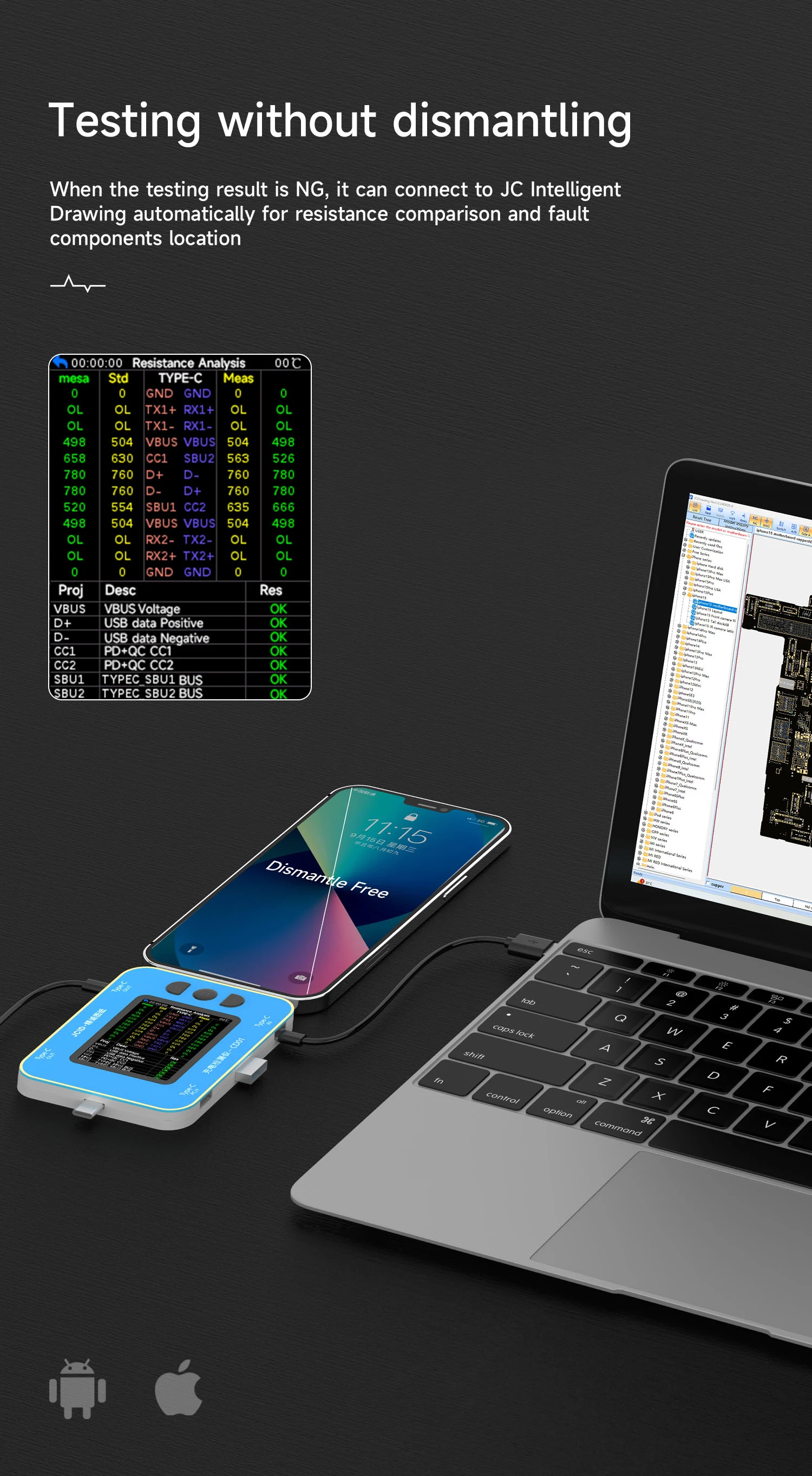 JCID CD01 Intelligent Charging Detector Deep Protocols Analysis Work with JC Intelligent Drawing Testing without Dismantling