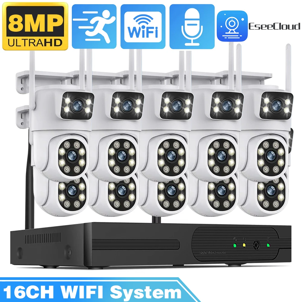 

8MP 4K 16CH WIFI NVR System CCTV Surveillance Kit Auto Tracking P2P Color Night Vision PTZ IP Cameras Security EseeCloud System