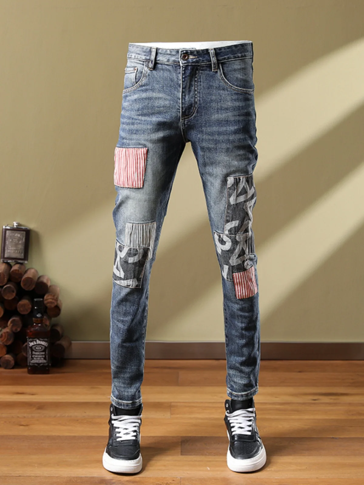 

American High Street Patchwork Jeans Men's Trendy Brand Spring Autumn Slim Fit Elastic Retro Cuffed Long Pants