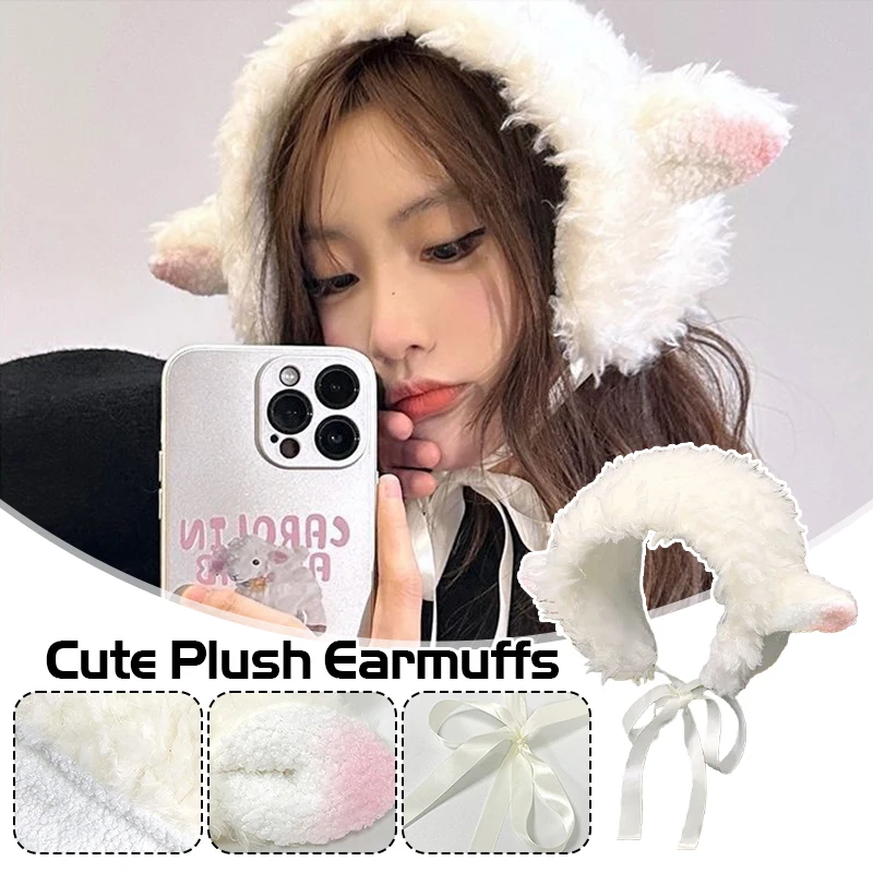 Orejeras japonesas con orejas de cachorro para mujer, gorro de felpa de otoño e invierno, diadema esponjosa, correas cálidas con astas, gorros con protección para los oídos