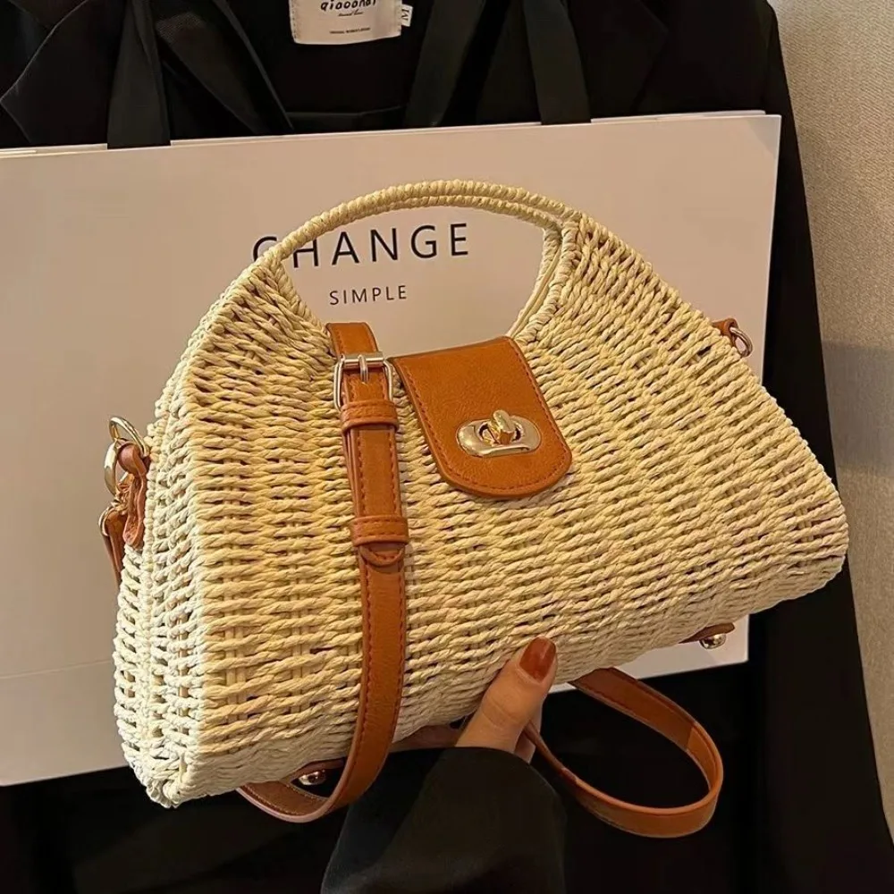 Summer Vacation Beach Bag For Women Khaki Straw Bag Rattan Handmade Designer Hobo Purse Lady\'s Big Round Handle Clutch Bag