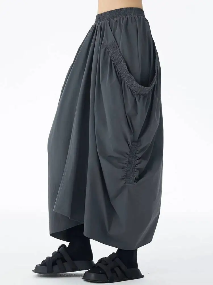 

High Elastic Waist Gray Irregular Pleated Spliced A-line Half-body Skirt Women Fashion Tide New Spring Autumn