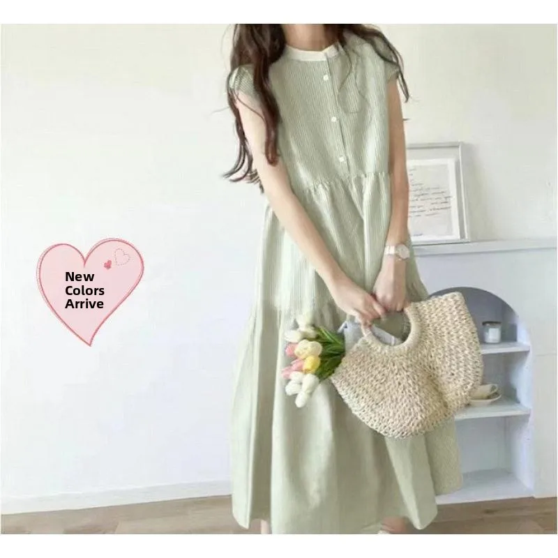 Summer Lace Collar Striped Ruffle Dress Loose Waist Linen Material Short Sleeve Straight Tube Skirt City Walk Suitable