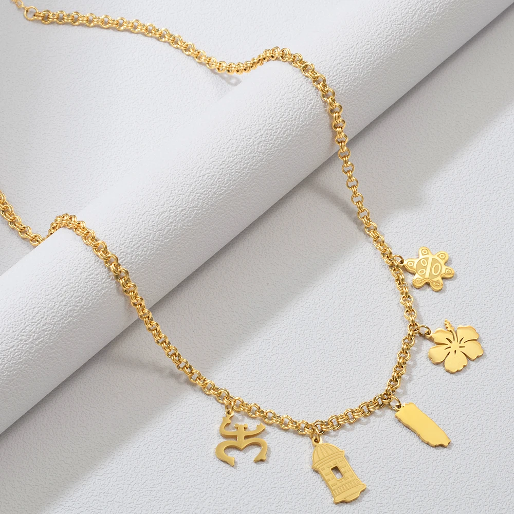 Пуэрто-Рико карта цветы маски лягушка традиционный символ PR ожерелья с гибискусом для женщин ювелирные изделия из нержавеющей стали # 530962