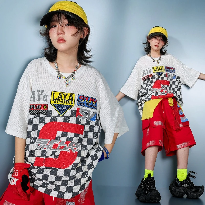 男の子用ヒップホップコスチューム半袖トップス赤いショートパンツステージショー衣装グループジャズダンスパフォーマンスウェアストリートダンス服