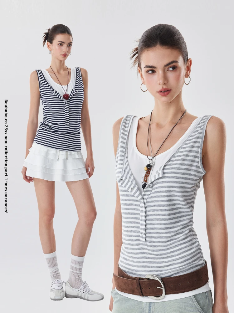 

Женский летний свободный повседневный топ Reaboboco с U-образным вырезом, в полоску, из хлопка, многослойный, свободного кроя