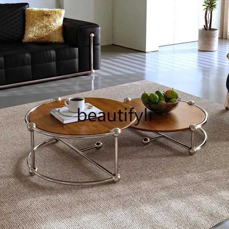 

35Round solid wood French light luxury medium and ancient style modern simple coffee table combination cream living roomSSS