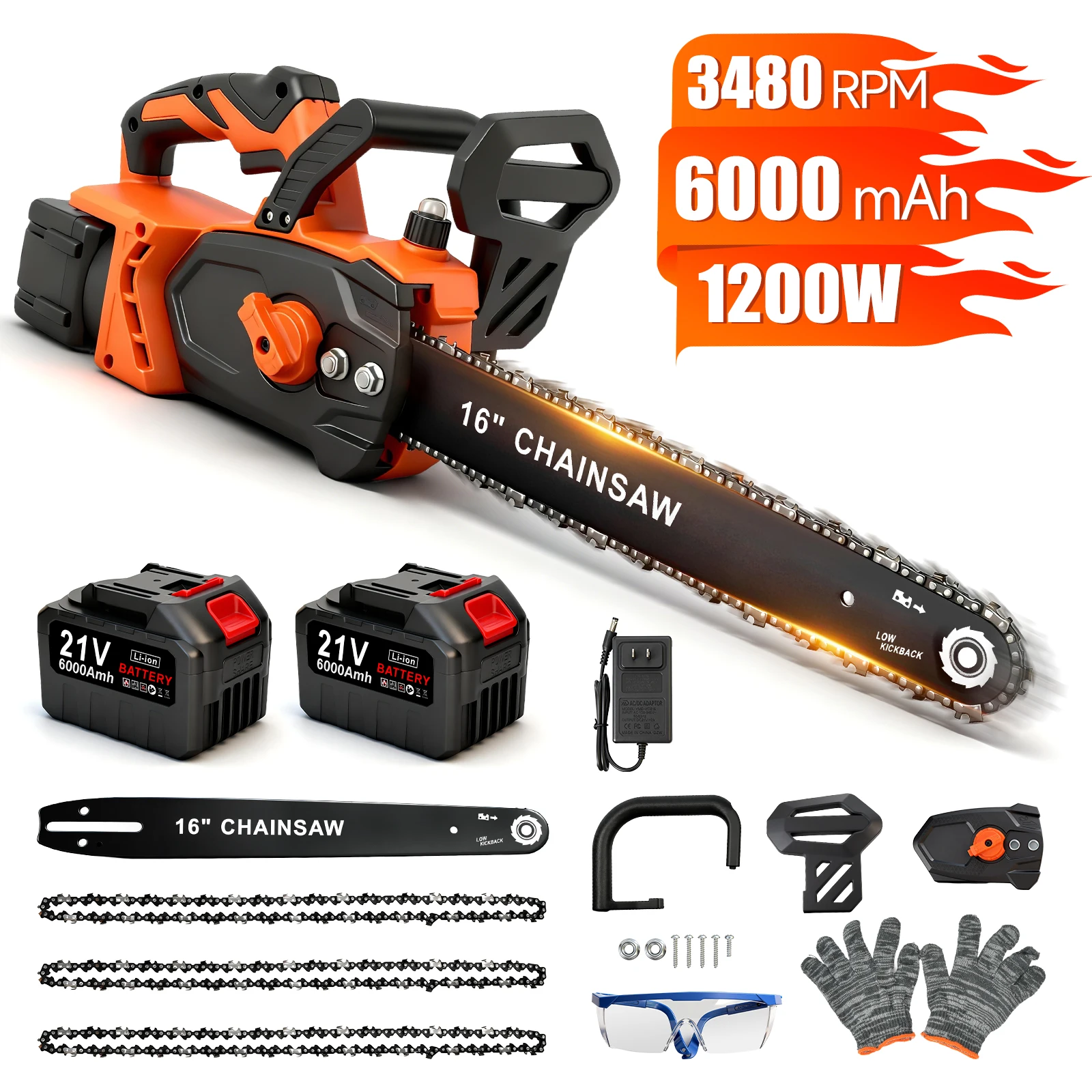 16-Inch 21V Brushless Chainsaw High-Speed 1200W 3480 RPM with 2 x 6.0Ah Batteries 3 Chains Charger for Wood Felling Cutting