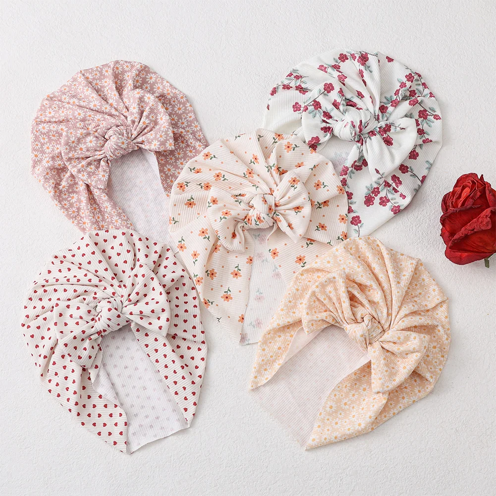 2025 New Flower Ribbed Baby Turban Hats Heart Dasiy Butterfly Bear Print Newborn Beanies Toddler Boys Girls Caps Kids Headwear