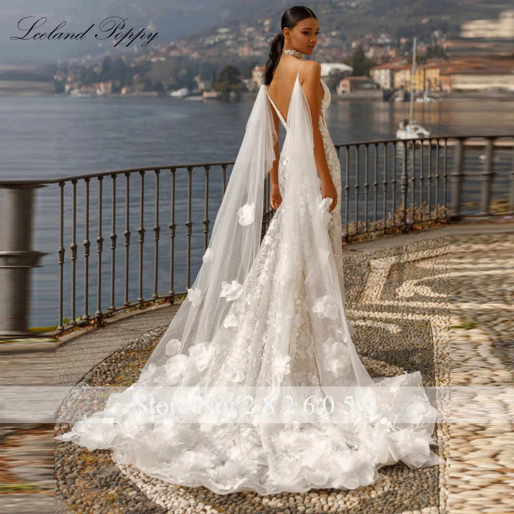 Lceland Poppy Customized Sexy V Neck Mermaid Wedding Dresses Sleeveless Lace Bridal Gowns with 3D Flowers
