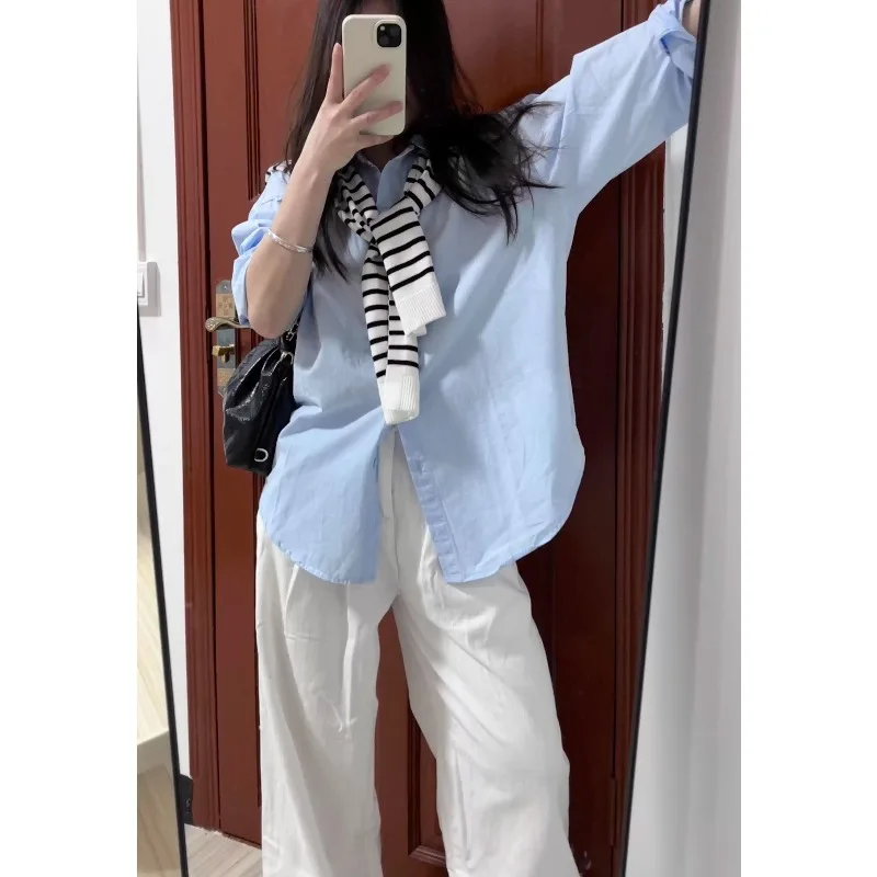 

Чистая посадка, минималистичная рубашка большого размера, блузка на пуговицах с длинными рукавами и лацканами для женщин, дышащий повседневный топ свободного покроя