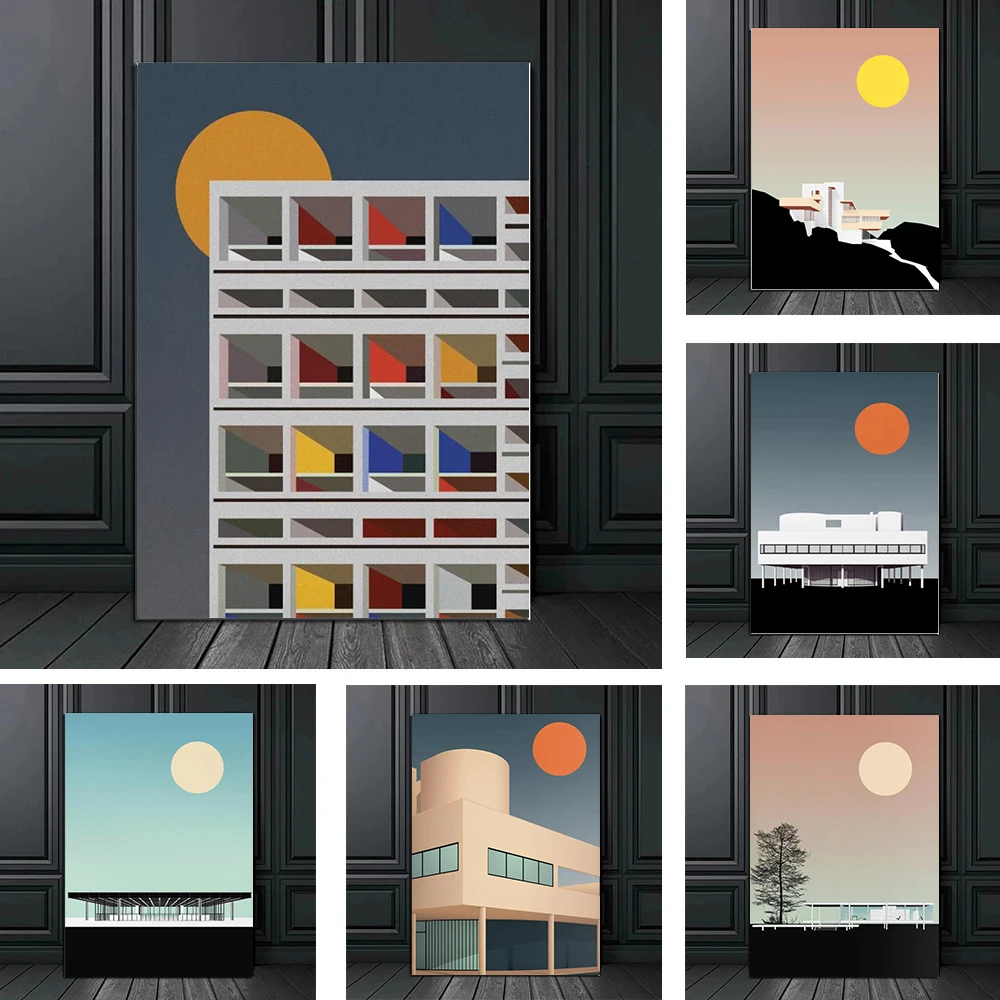 Le Corbusier الحديثة شروق الشمس العمارة باوهاوس الحد الأدنى الفن نمط مجردة ملصق حائط لوح رسم صور ديكور المنزل #1