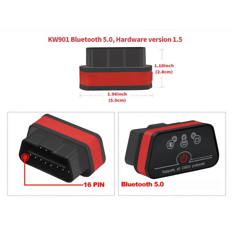 Konnwei Kw901 Car ELM327 V1.5 Bluetooth 5.0 OBD2 Scanner Auto Scan Tools Wireless OBD Fault Diagnosis Instrument for Android/IOS