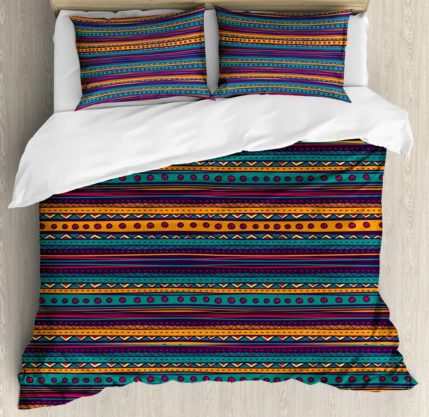 Aztec Duvet Cover Set, Colorful Geometric Shapes Decor 3 Piece Bedding Set with 2 Pillow Shams, King Queen Size, Bedroom Decor
