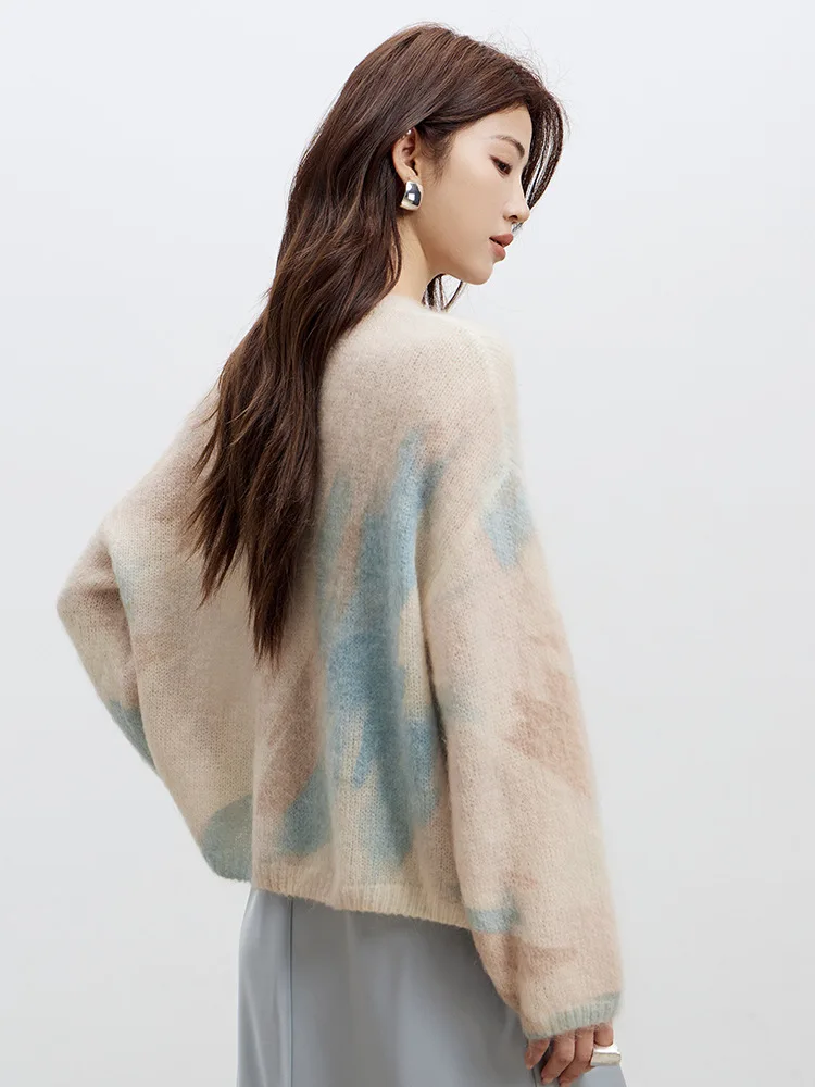 Birdtree 26,6 % Wolle 30,5 % Mohair-Cardigan, einreihiger Strickmantel aus Wollmischung mit Damenmuster, Farbstoff, volle Ärmel, Nagelperlen, Strickmantel T58904JF