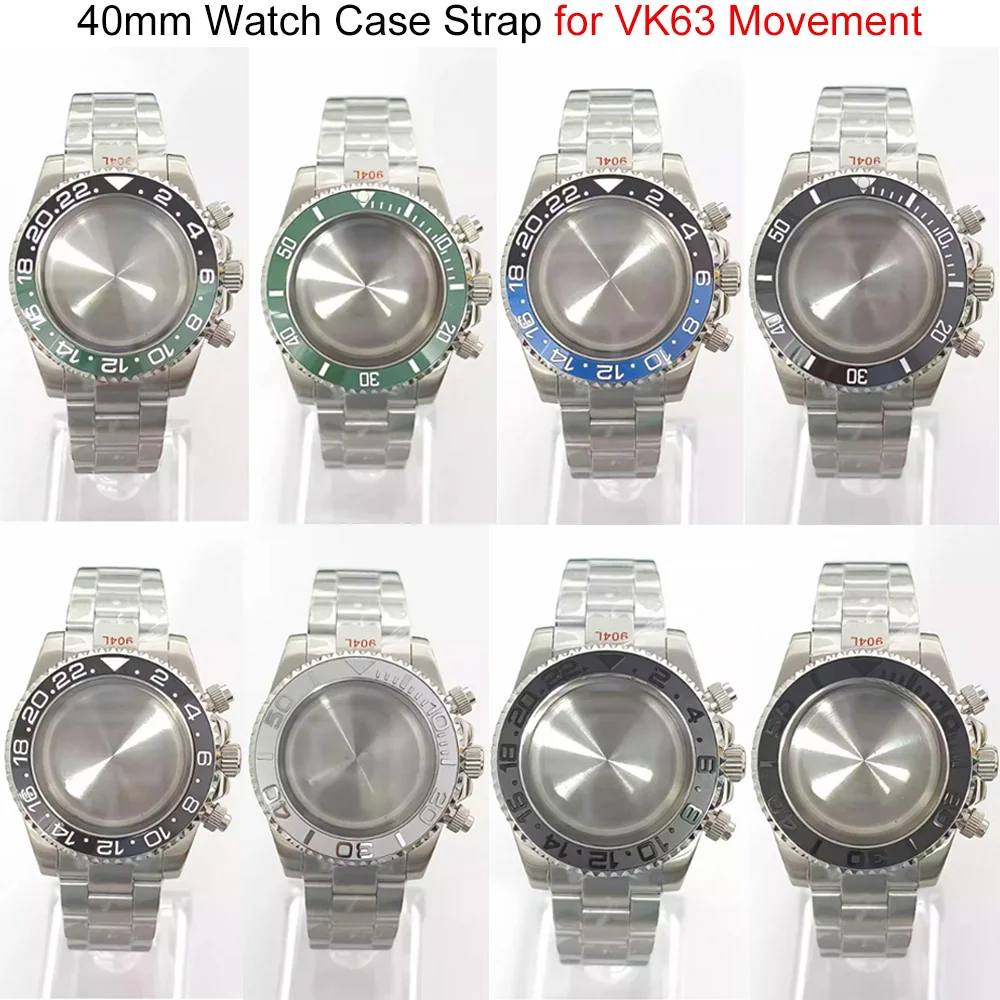 

40mm Watch Case Strap for VK63 Quartz Movement Replacement Shell Flat Sapphire Glass 316L Stainless Steel Case Watch Repair Part