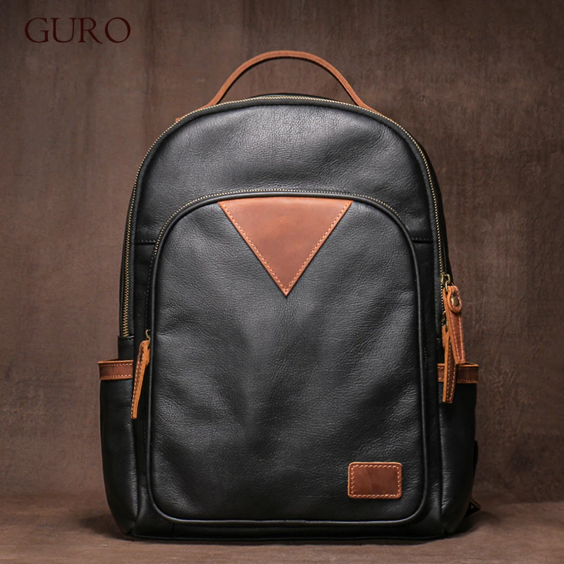 GURO Men's Genuine Leather Business Backpack Man Trend Cowhide School Bag Weekends Travel Hiking Bag 15 Inch Laptop Computer Bag