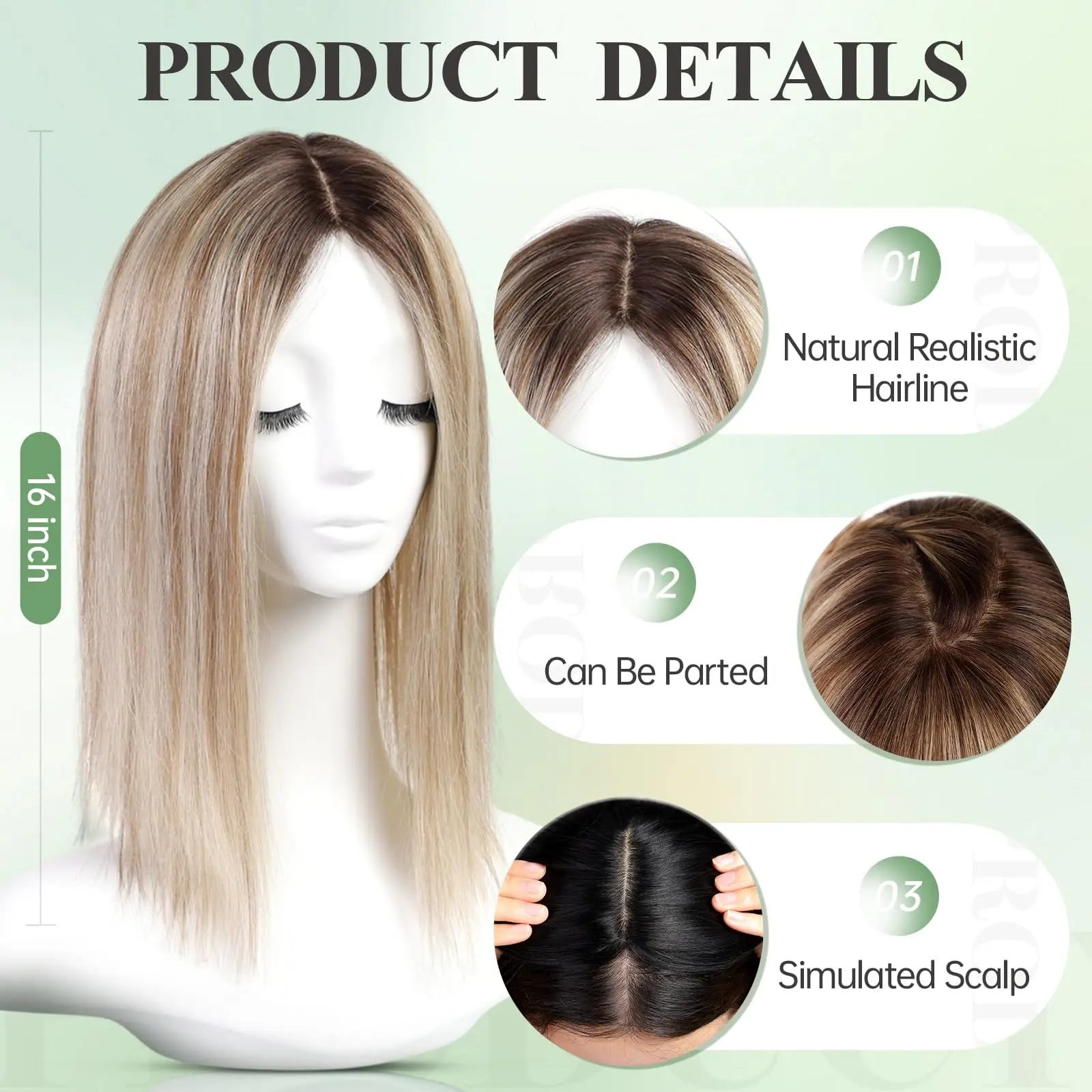 Topper Rambut Manusia Lurus 16 Inci, Pirang Muda dengan Ujung Gelap, untuk Wanita, Ekstensi Rambut, 3 Jepitan