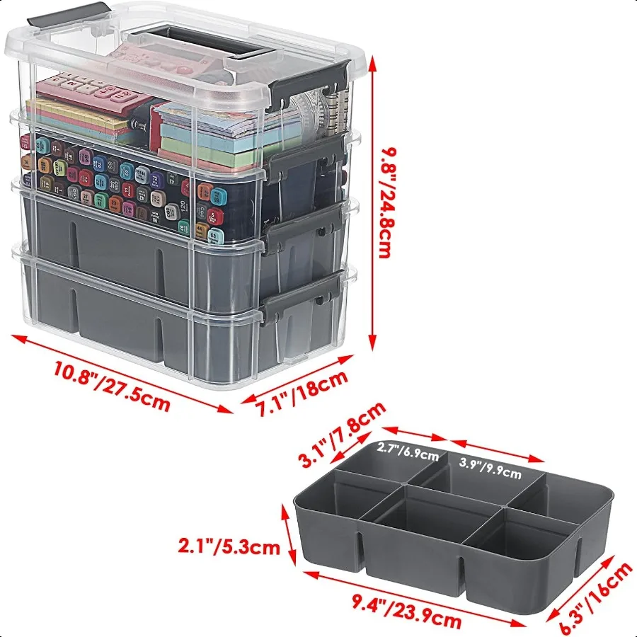 4Tiers Stack Carry Storage Box With 2 Divided Tray Transparent Stackable Storage Bin With Handle Lid Latching Storage Container
