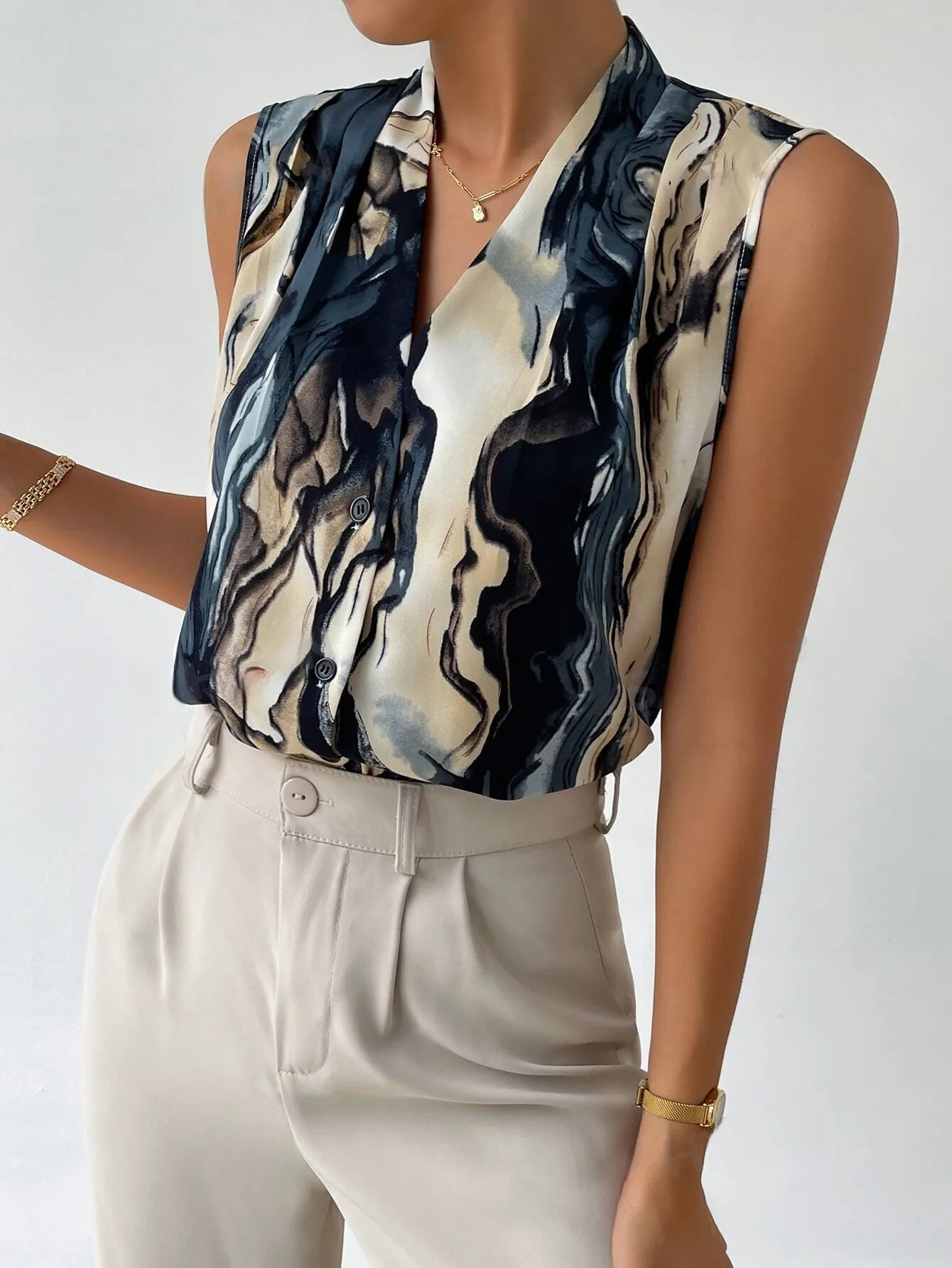 Ladies Marble Print Button Front Work Women Shirts Blouse Tops