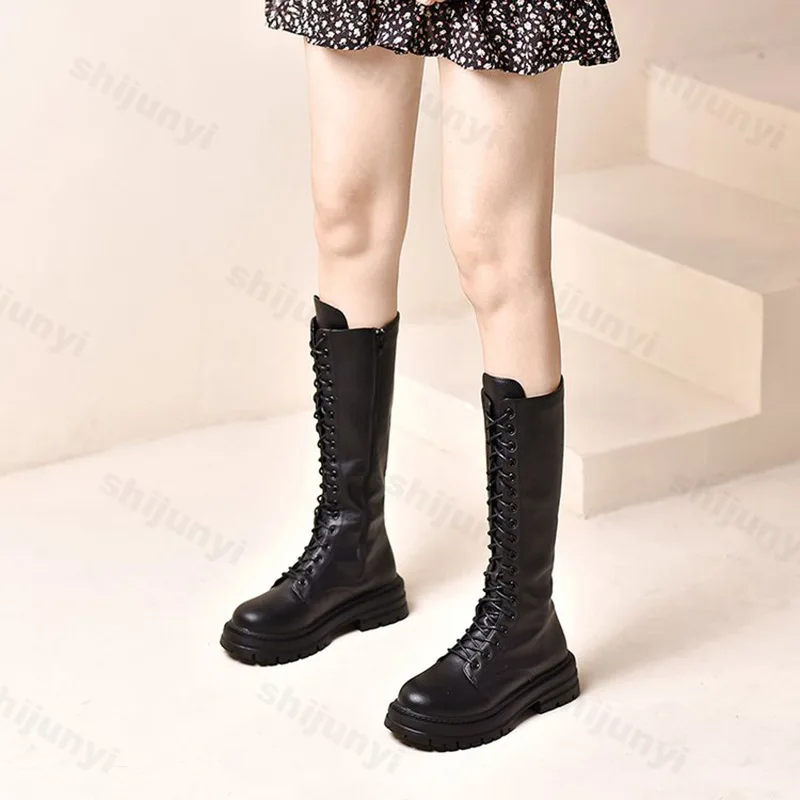 Women Knight's Boots Platform Chunky Shoes Fashion Knee High Boots Elegant 2025 Winter New Brand Lace Up Shoes Gladiator Botas image 3