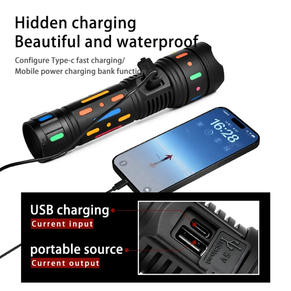 10000mah 2024 Power Spotlight LED Flashlight With Fluorescent Absorbing Film Luminous Colorful Tactical Torch With Power Display