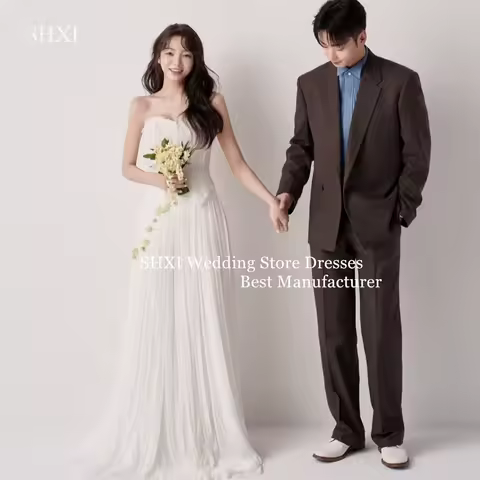 SHXI 우아한 Strapless 아이보리 웨딩 드레스 Ruched Bodice 라인 흐르는 스커트 한국어 신부 사진 촬영 가운 맞춤형 2025