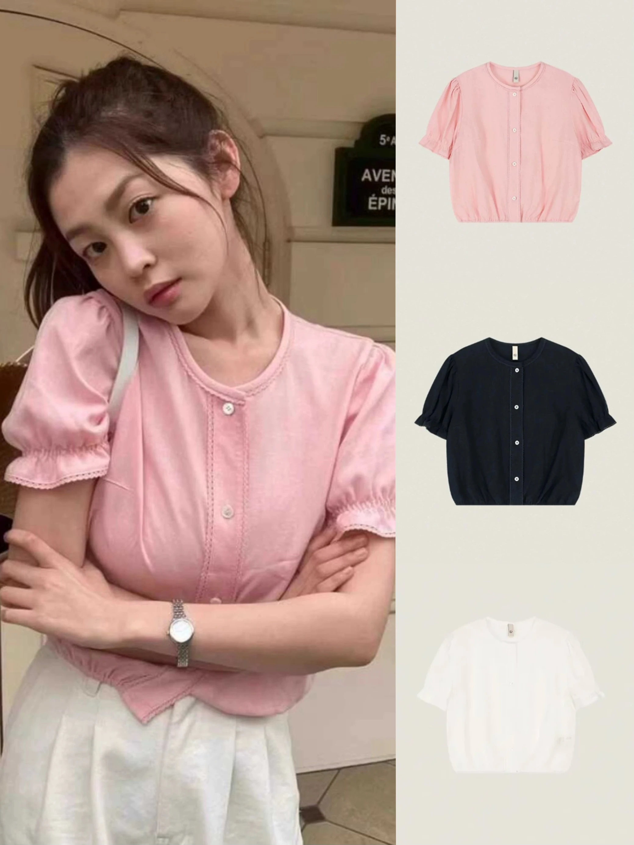 

Candy Miss Casual Howus Lyocell Linen Short Sleeve Bubble Sleeve round Neck Single Button Shirt Women's Fashion Commute Style