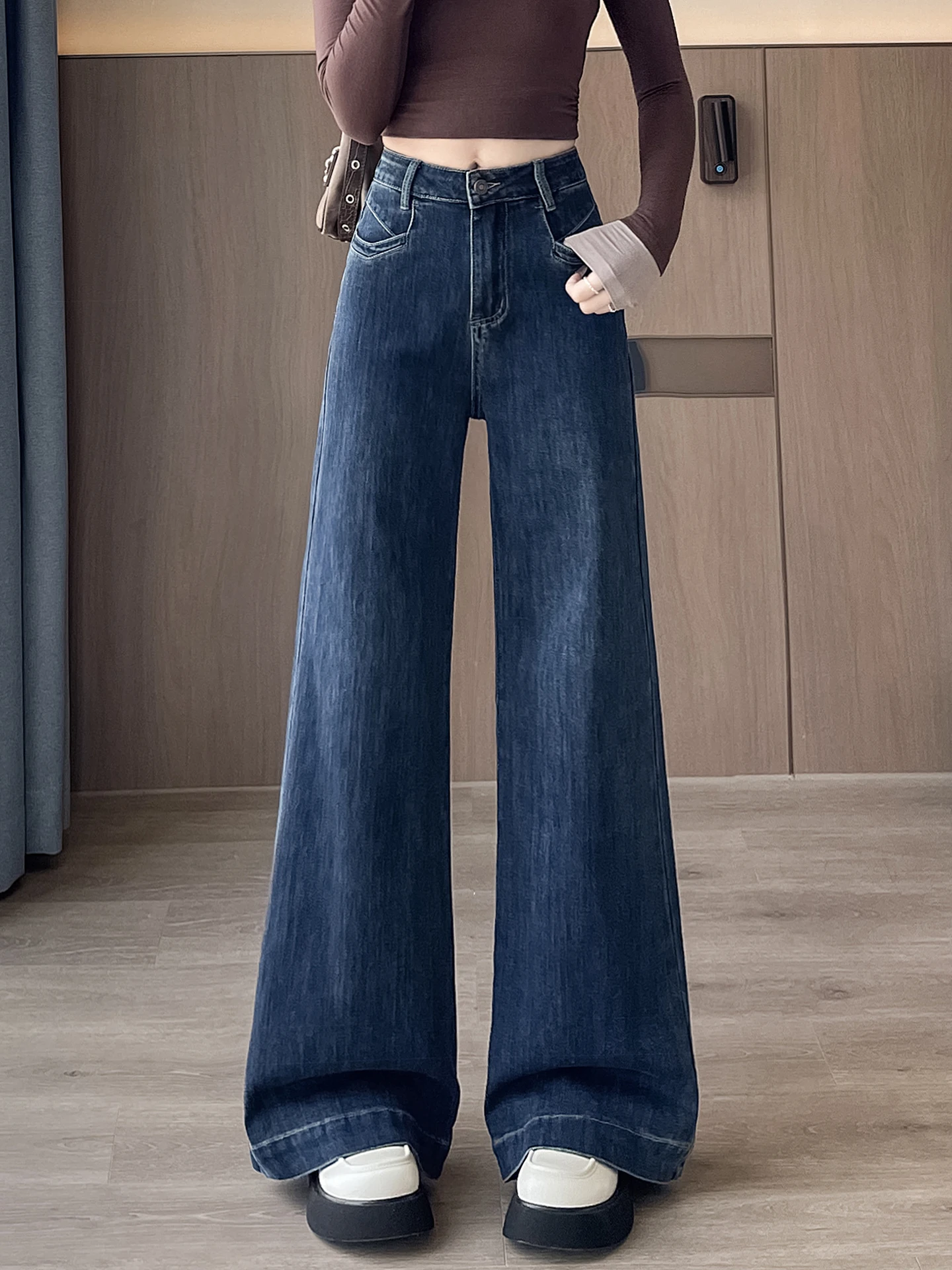 Jeans dimagranti a vita alta a gamba larga da donna Primavera Autunno Pantaloni larghi in denim di piccola statura Pantaloni casual dal taglio dritto