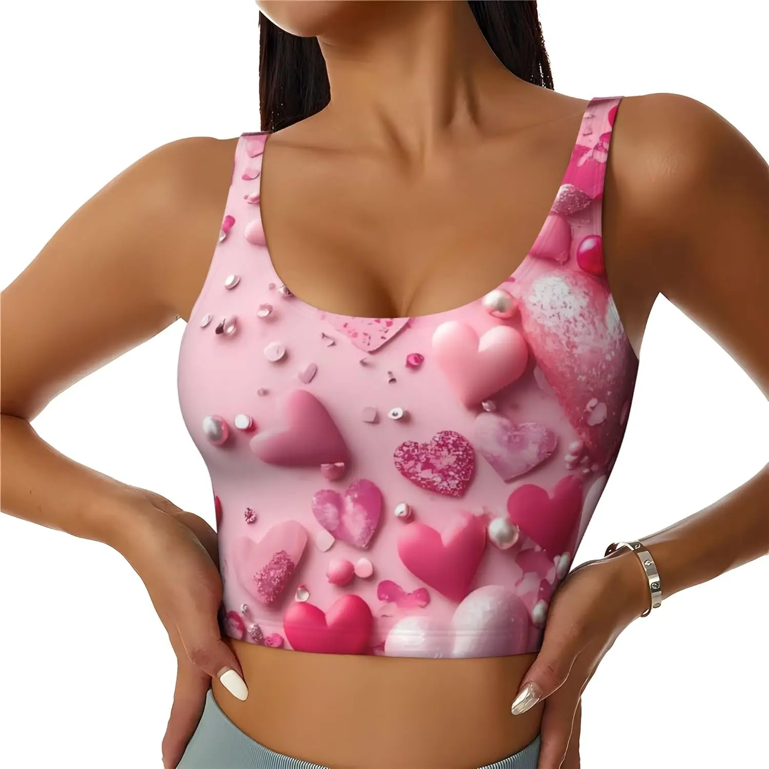 Glitter Heart Candy Pattern Womens Sports Bras Yoga Workout Crop Top with Removable Pads