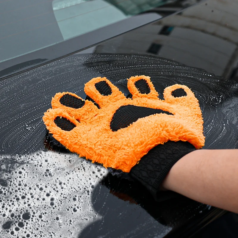 Five-finger Car Washing Gloves Soft Coral Fleece Auto Body Scratch-Free   Detailing Cleaning Glove Thicken Bear Paw Wash Mitt