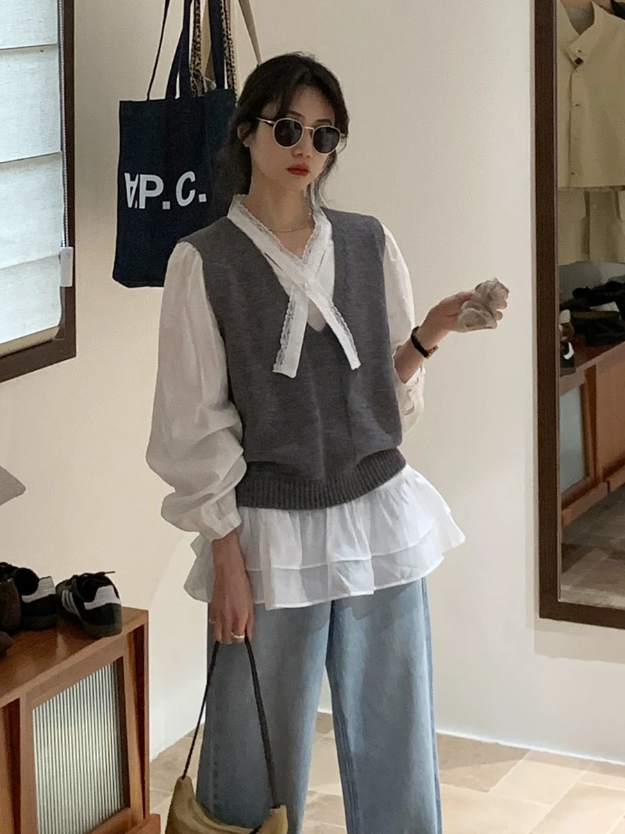 

BRIVIN Korean Sle Lace irt And Vest Two-Piece Set Women's Faion Simple Breathable Long Sve Cotton Top for Autumn