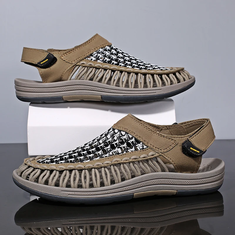 Men's Handmade Woven Beach Sandals New Summer Outdoor Casual Comfortable Hollow Out Walking Driving Shoes Plus Size 47