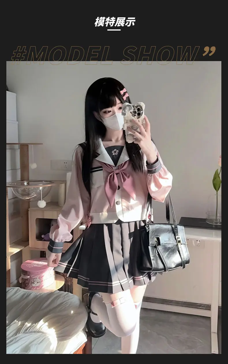Japanischer JK-Kurzrock-Anzug, Mädchen-Cosplay, rosa, marineblauer Kragen, College-Stil, Matrosenanzug, Schleife, süße High-School-Schülerin-Uniform – Detail 4