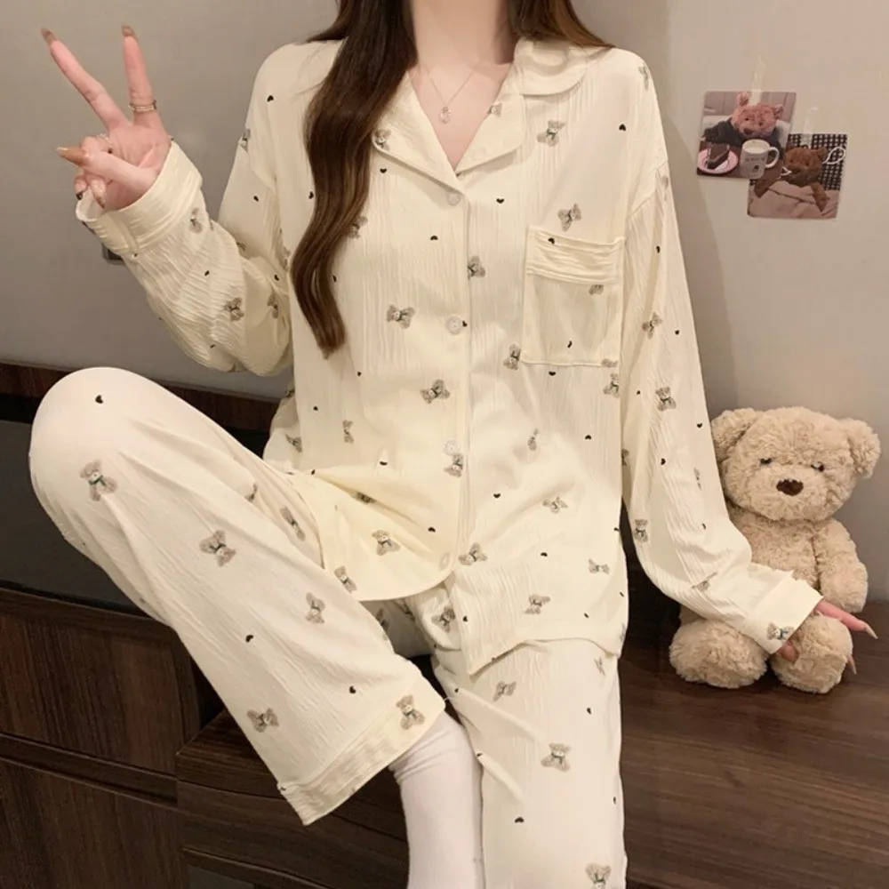 Comfortable Leopard Long Pajama Set Bear Floral Women's Loungewear Bow Homewear Lady Nightwear Suit Four Seasons