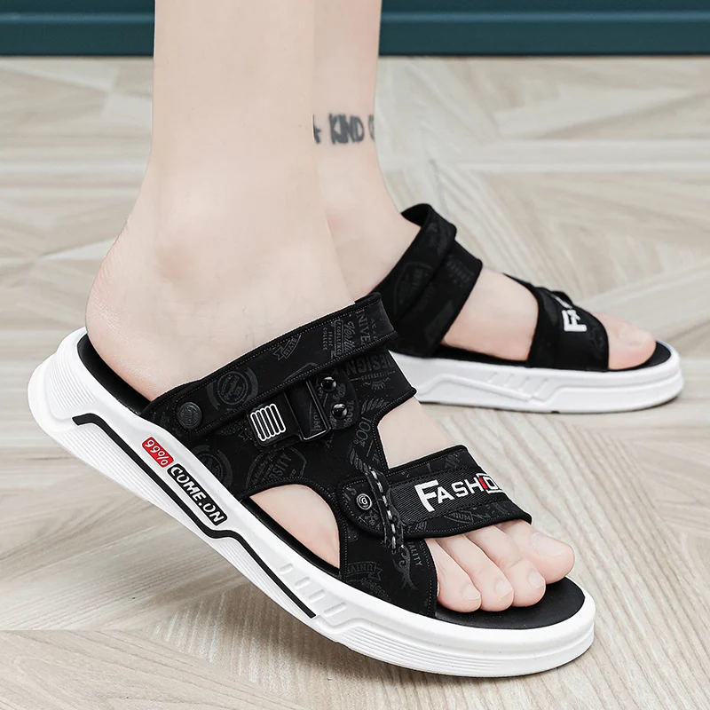

Summer Breathable Comfortable High Quality Fashion Slippers Leather Sandals Beach Shoes Stitching Lightweight Couple Style