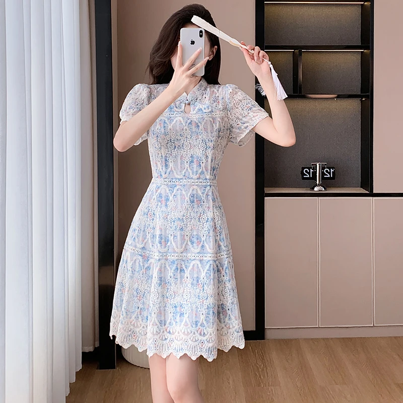 Chinese Style Elegant Summer Flower Embroidery Dress New Women Stand Collar Hollow Out High Waist Slim Prom Party Clothes