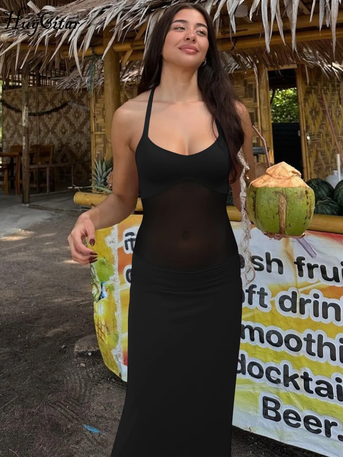 Hugcitar ファッションホルター背中の開いた包帯シャーリングパッチワークレースセクシーなマキシドレスシースルー女性服ビーチ休暇