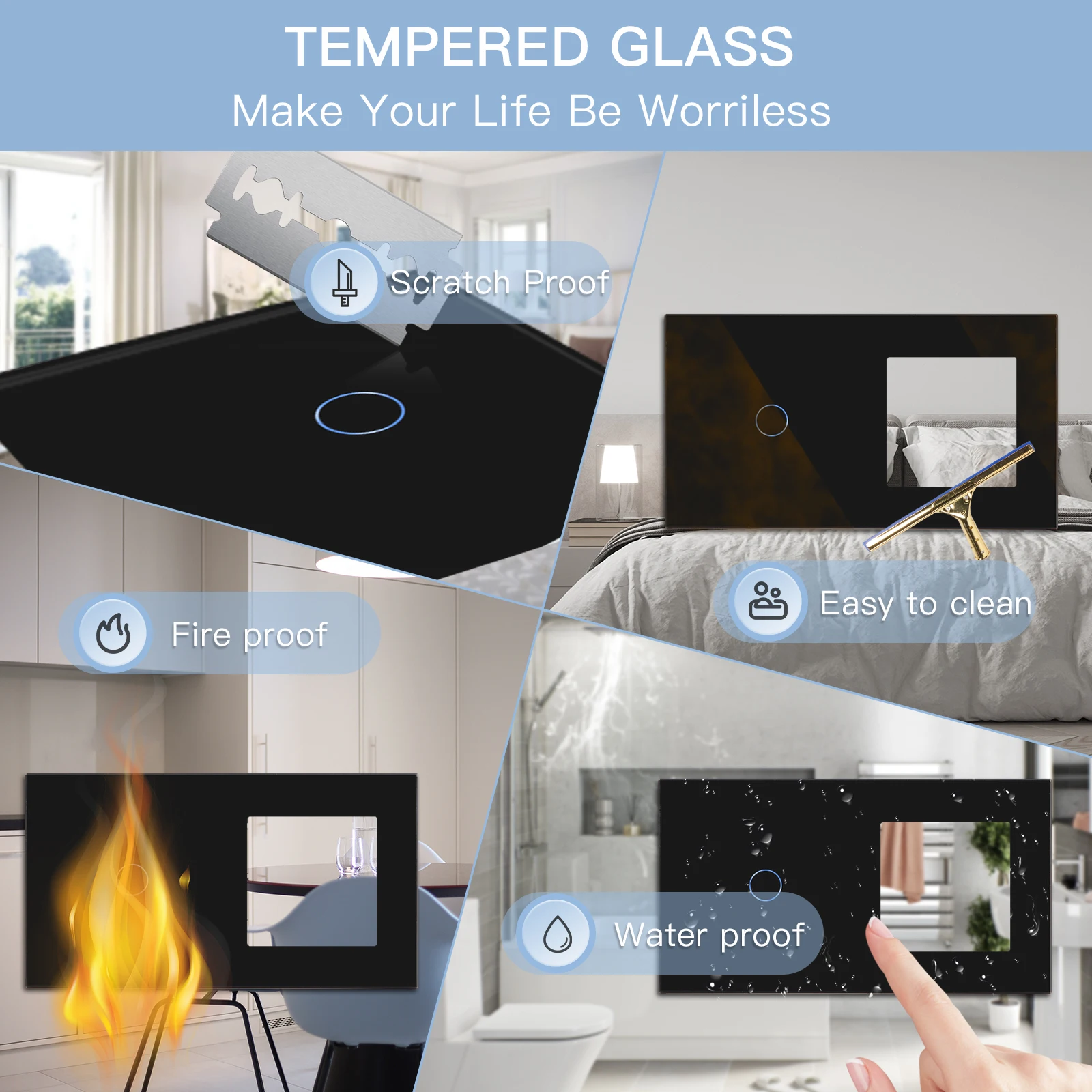 BSEED-Touch Sensor Interruptor de Luz, 1Way Tomada Elétrica, USB Tipo-C, Tomada de Vidro, Padrão da UE, 1, 2, 3Gang, Preto